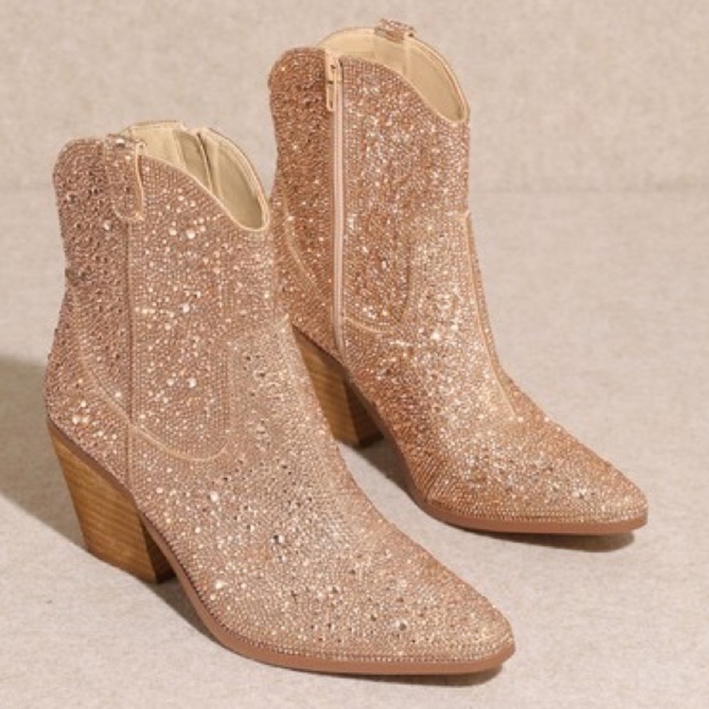 MIIM ANGEL Rose Gold Rhinestone Embellished Ankle Western Heeled Cowboy Boots - Picture 3 of 7